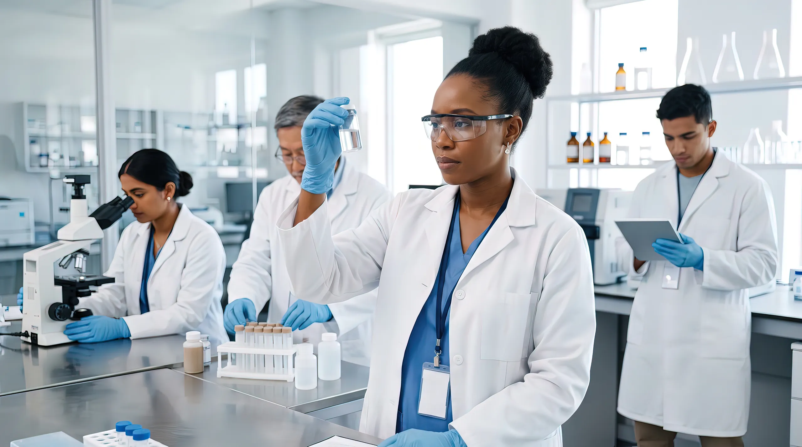 Four researchers at work in a laboratory; one holds a sample vial up to the light while a colleague loads a rack of test tubes